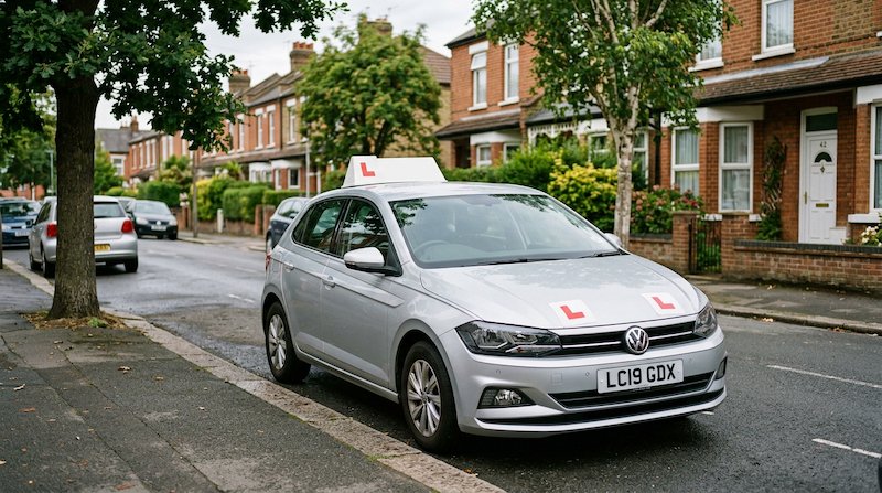 Driving school car with L-plates parked on a UK street